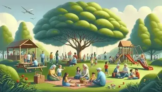 Grupo diverso disfrutando de un día soleado en el parque con árboles verdes, picnic, juegos infantiles y conversaciones en bancas.