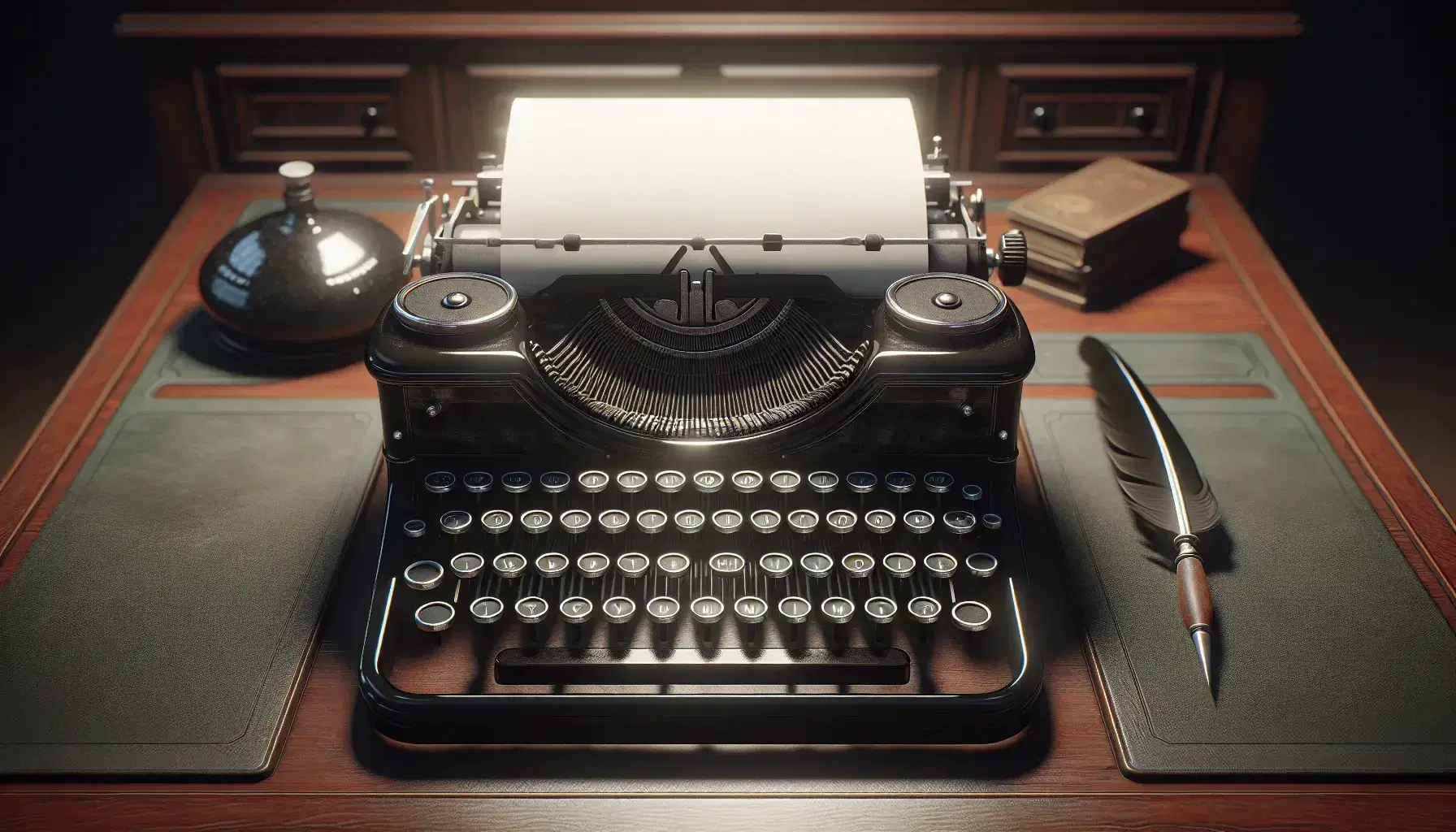 Vintage typewriter with blank paper on a mahogany desk beside an inkwell and quill, under the warm glow of a green-shaded brass desk lamp.