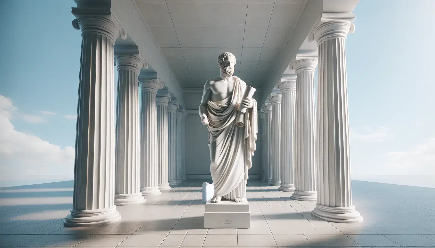 Estatua de mármol blanco de Platón con túnica y papiro en mano, ante columnas dóricas y cielo azul, reflejando la arquitectura clásica griega.