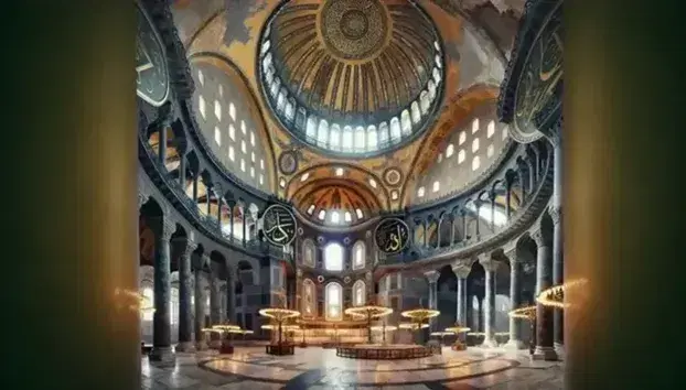 Interior of the Hagia Sophia with central golden dome and mosaics, decorated pendants, marble columns and mosaic floor without figures or symbols.