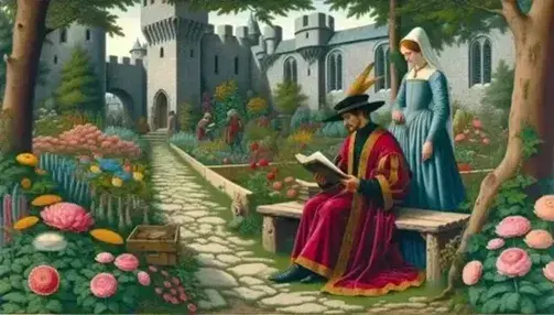 Escena medieval en jardín floreciente con hombre en túnica roja leyendo un libro y mujer en vestido azul junto a él, fondo de castillo.