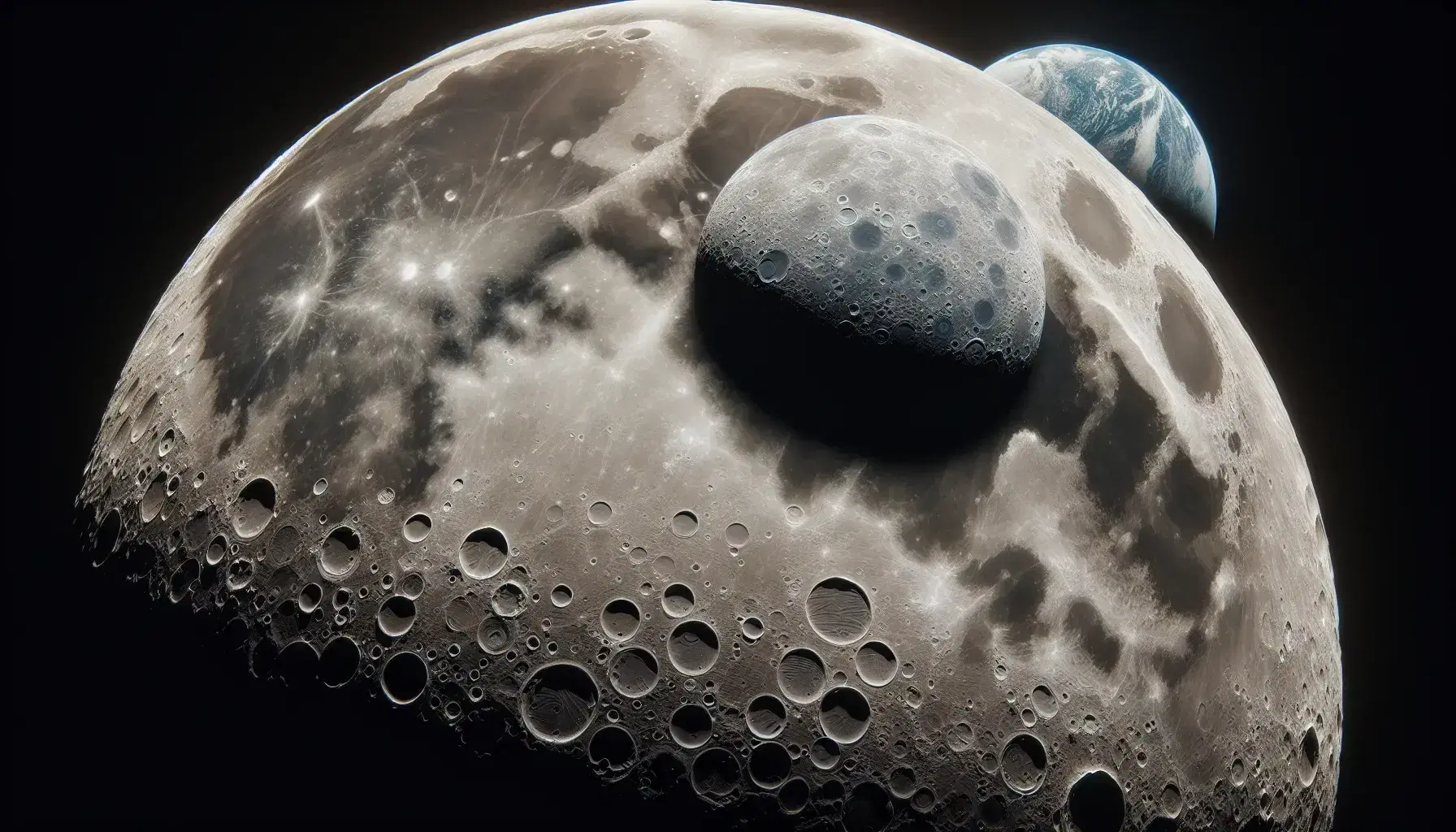 Vista della Luna con crinali e crateri in primo piano e la Terra parzialmente illuminata sullo sfondo.