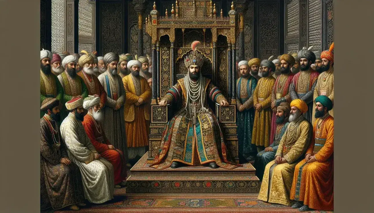 Medieval royal court scene with a king on a gold-inlaid throne, diverse advisers in traditional attire, and scholars with ancient texts in a grand hall.