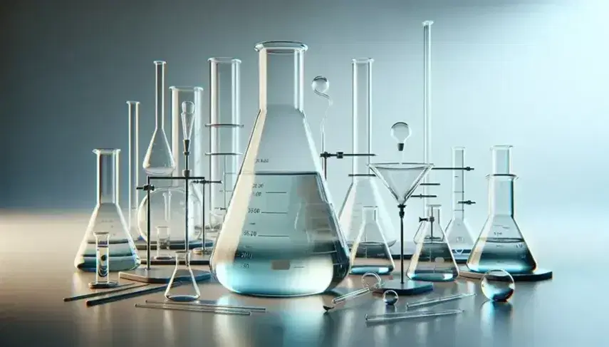 Utensilios de laboratorio ordenados con matraz Erlenmeyer con solución azul, cilindros graduados, pipeta volumétrica, embudo de separación y frascos de reactivos.