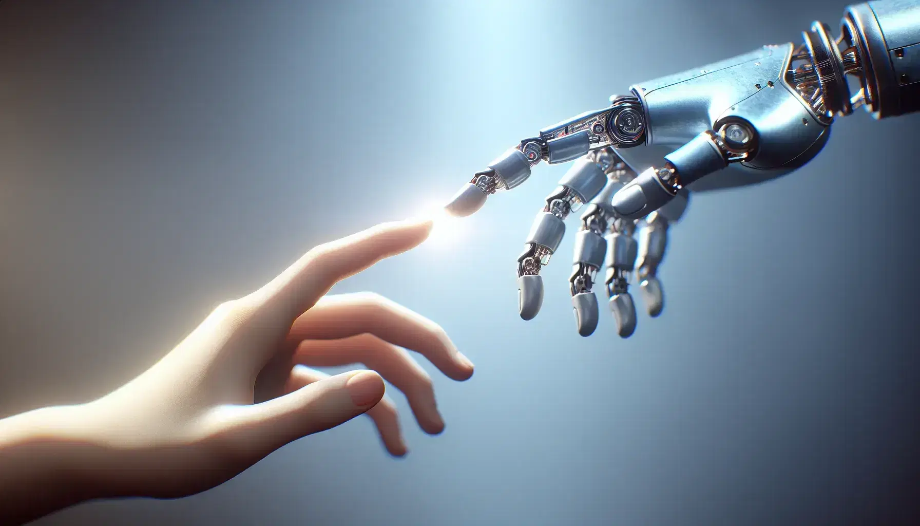 Mano humana de piel clara y mano robótica de metal se acercan para estrecharse en un fondo desenfocado azul grisáceo, simbolizando la unión de la humanidad y la tecnología.