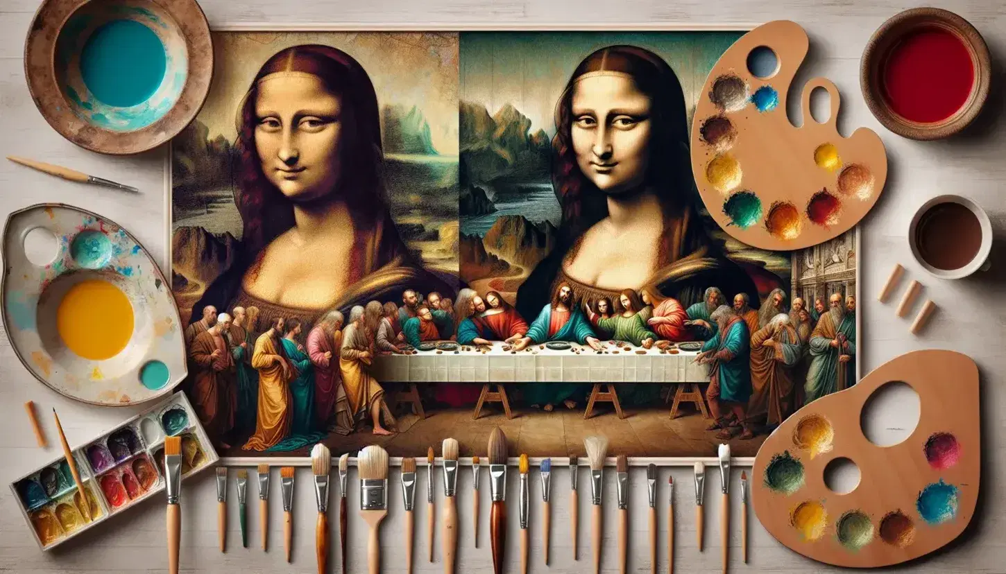 Riproduzioni fedeli di opere di Leonardo da Vinci: Vergine delle Rocce, Gioconda e Ultima Cena, con pennelli e tavolozza colori.