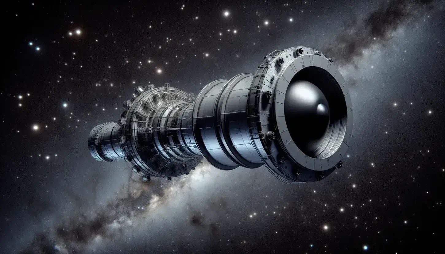 Detailed model of an X-ray space telescope with concentric rings, set against a starry cosmic background, highlighting its structure and function.