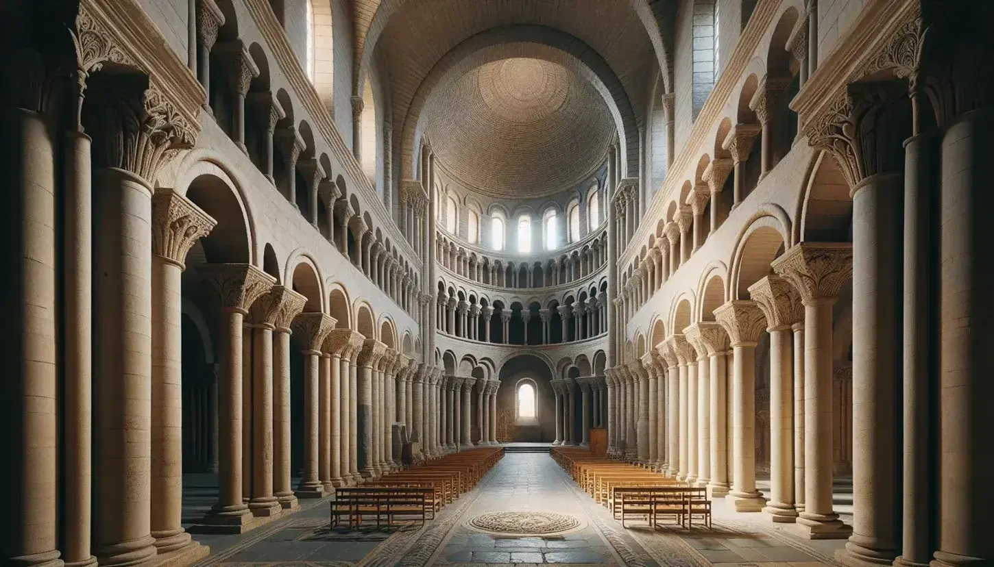 Interno romanico della Basilica di Saint-Sernin a Tolosa, con colonne massicce, capitelli scolpiti e volta a semitamburo illuminata da finestre ad arco.