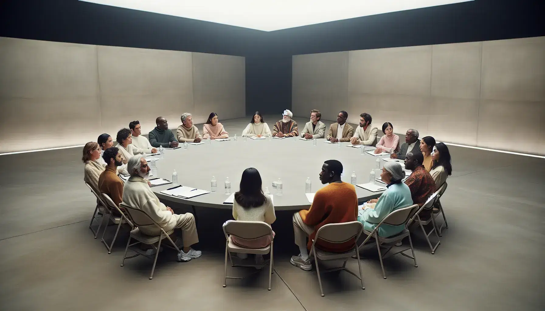 Multi-ethnic group in a meeting sitting around a round table in a brightly lit room, with documents and pens in the center.