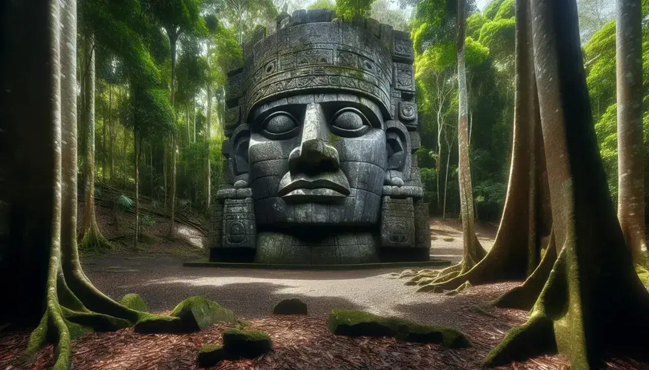 Escultura de piedra colosal con forma humana y tocado animal en un entorno de selva tropical, mostrando erosión y musgo, sin presencia de humanos o animales.