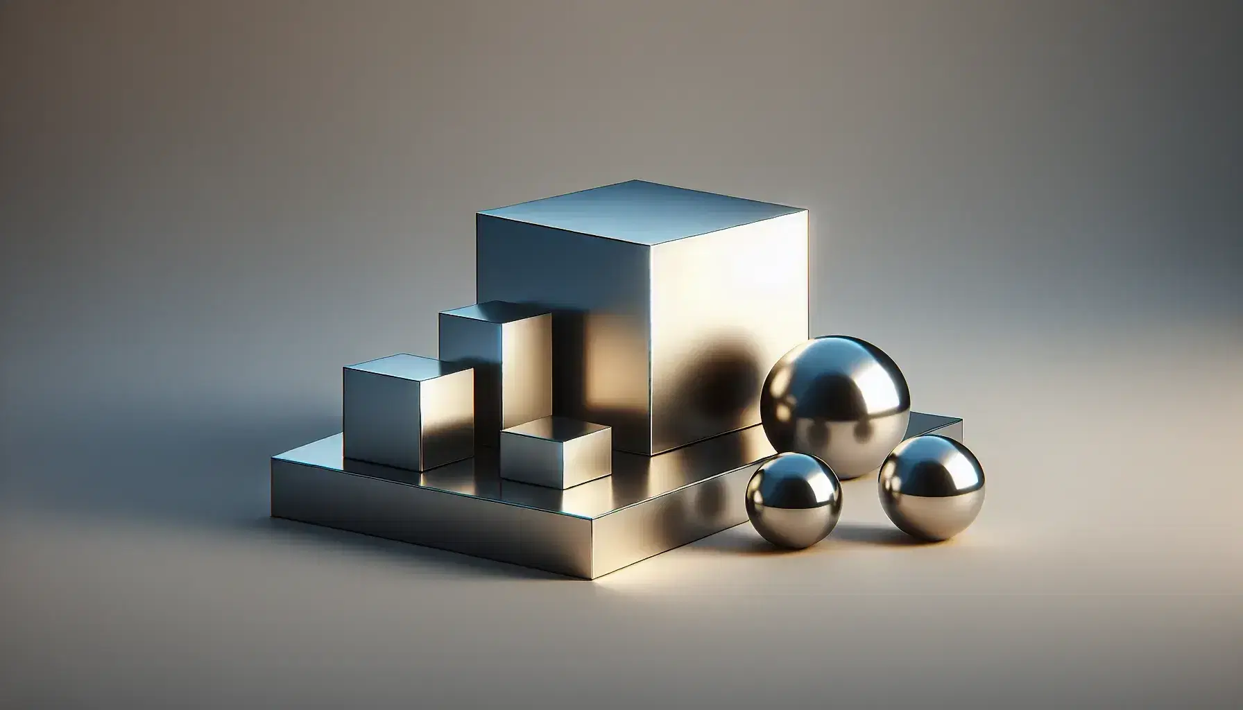 Reflective silver cube flanked by descending golden spheres on the right and diminishing blue pyramids on the left, on a light gray background.
