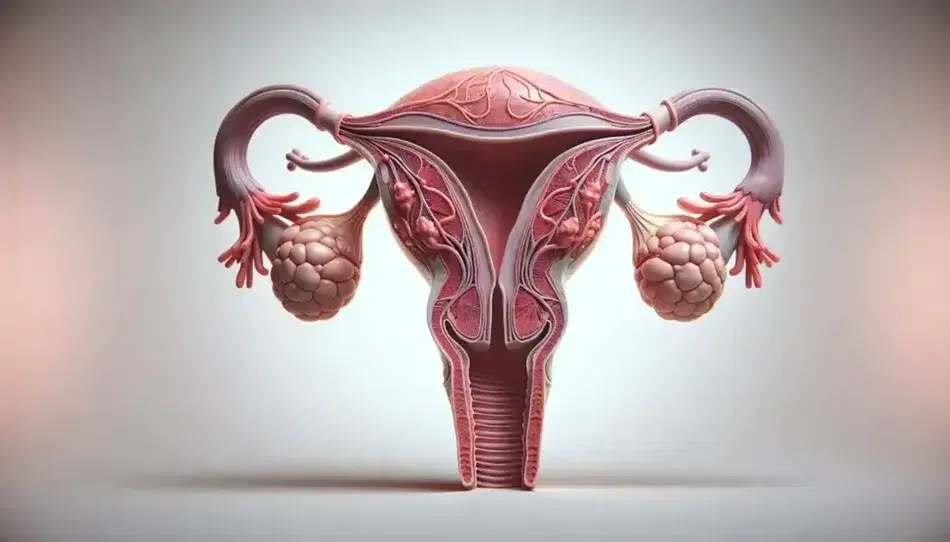 Modello anatomico dettagliato del sistema riproduttivo femminile con utero, tube di Falloppio, ovaie e vagina su sfondo neutro.