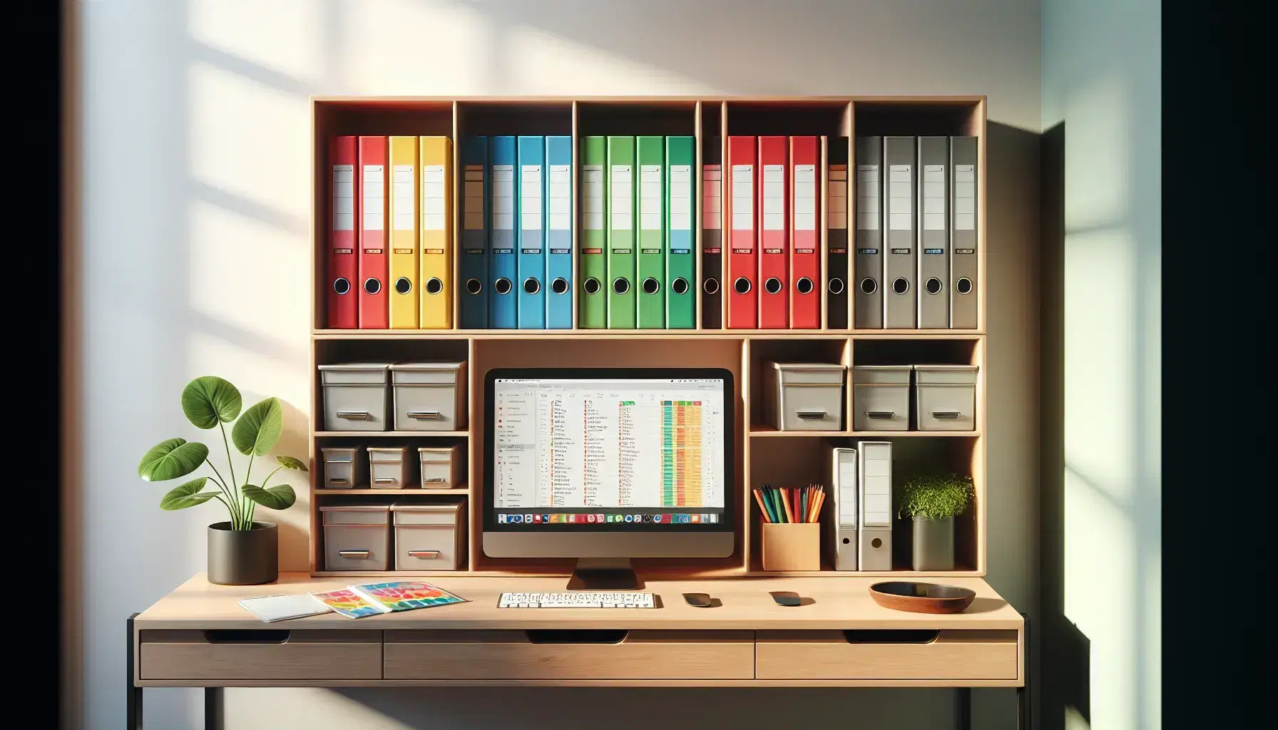 Estante de madera con carpetas de colores organizadas y escritorio con ordenador, teclado y ratón, junto a planta de interior.