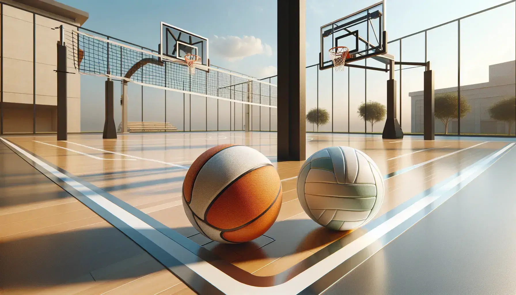 Cancha de baloncesto de madera pulida con líneas blancas, aro y red, junto a balón naranja, y cancha de vóleibol con red y balón bicolor, bajo cielo azul.