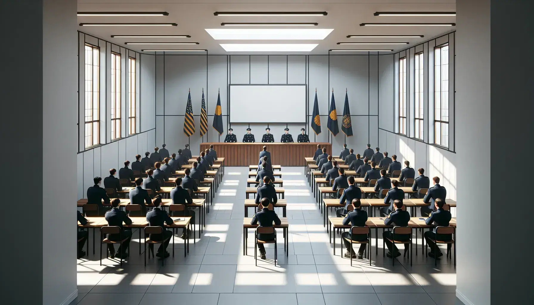 Aula iluminada con luz natural donde policías en uniforme azul oscuro se concentran alrededor de mesas en forma de 'U', frente a pizarra blanca y atril de madera, con bandera y puerta al fondo.