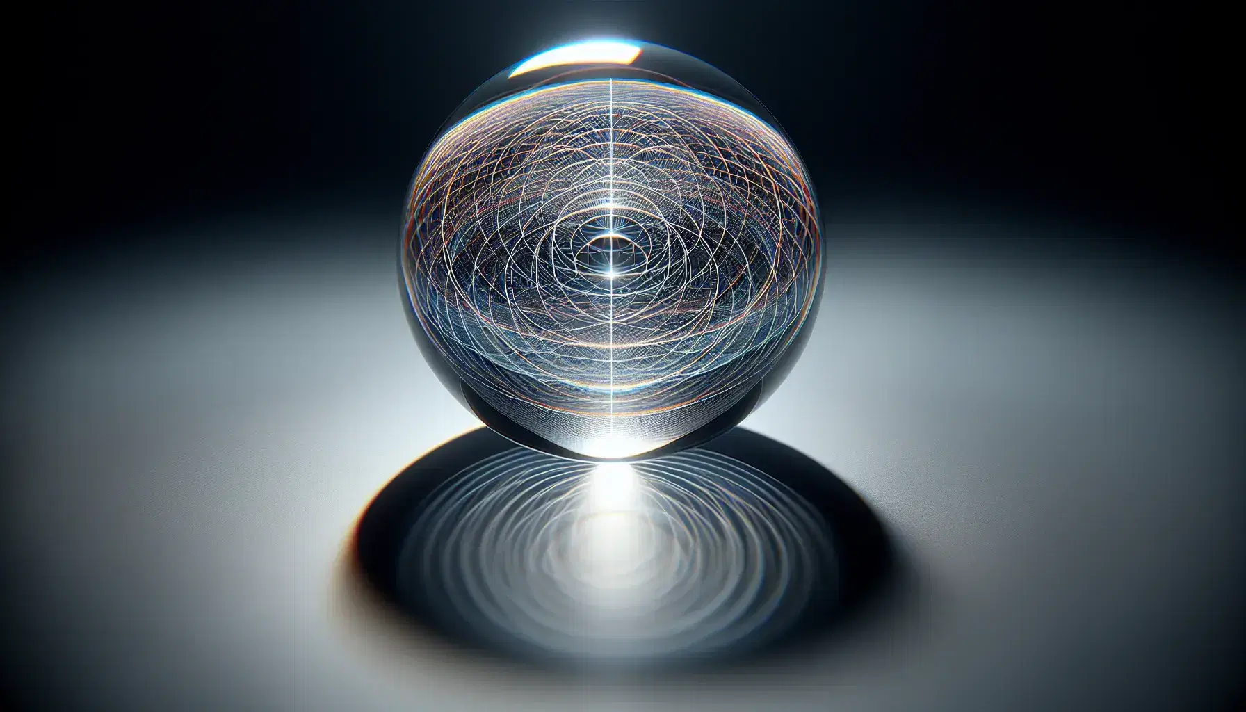 Transparent sphere with a multicolored line network inside, on a matte black surface with a soft shadow, against a light gray to white gradient background.