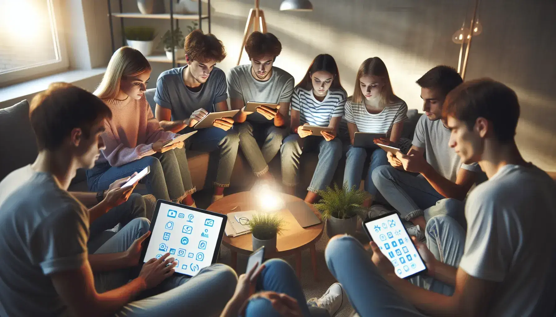 Grupo de jóvenes concentrados usando dispositivos electrónicos en un espacio moderno con plantas y luz suave, vestidos casualmente.