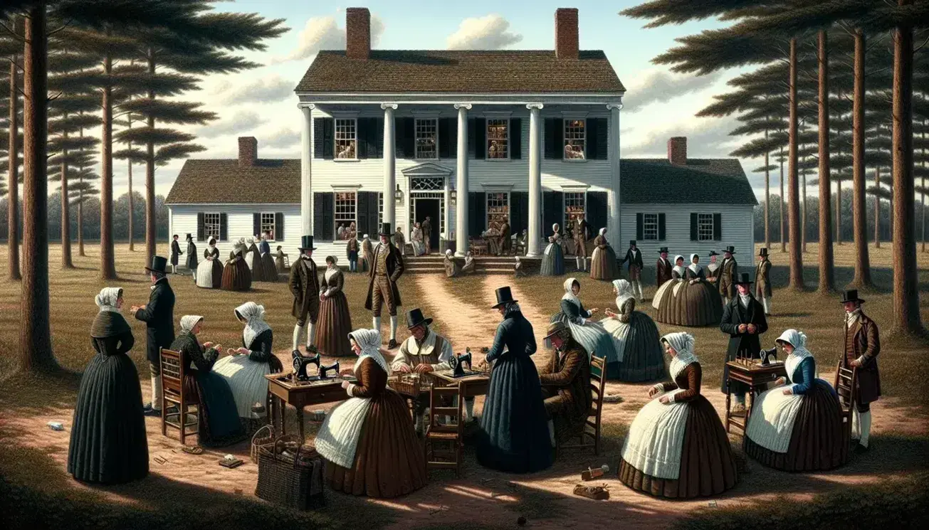 Escena histórica de la vida en América durante el período Antebellum con personas en vestimenta de época frente a una casa colonial rodeada de árboles y trabajadores agrícolas al fondo.