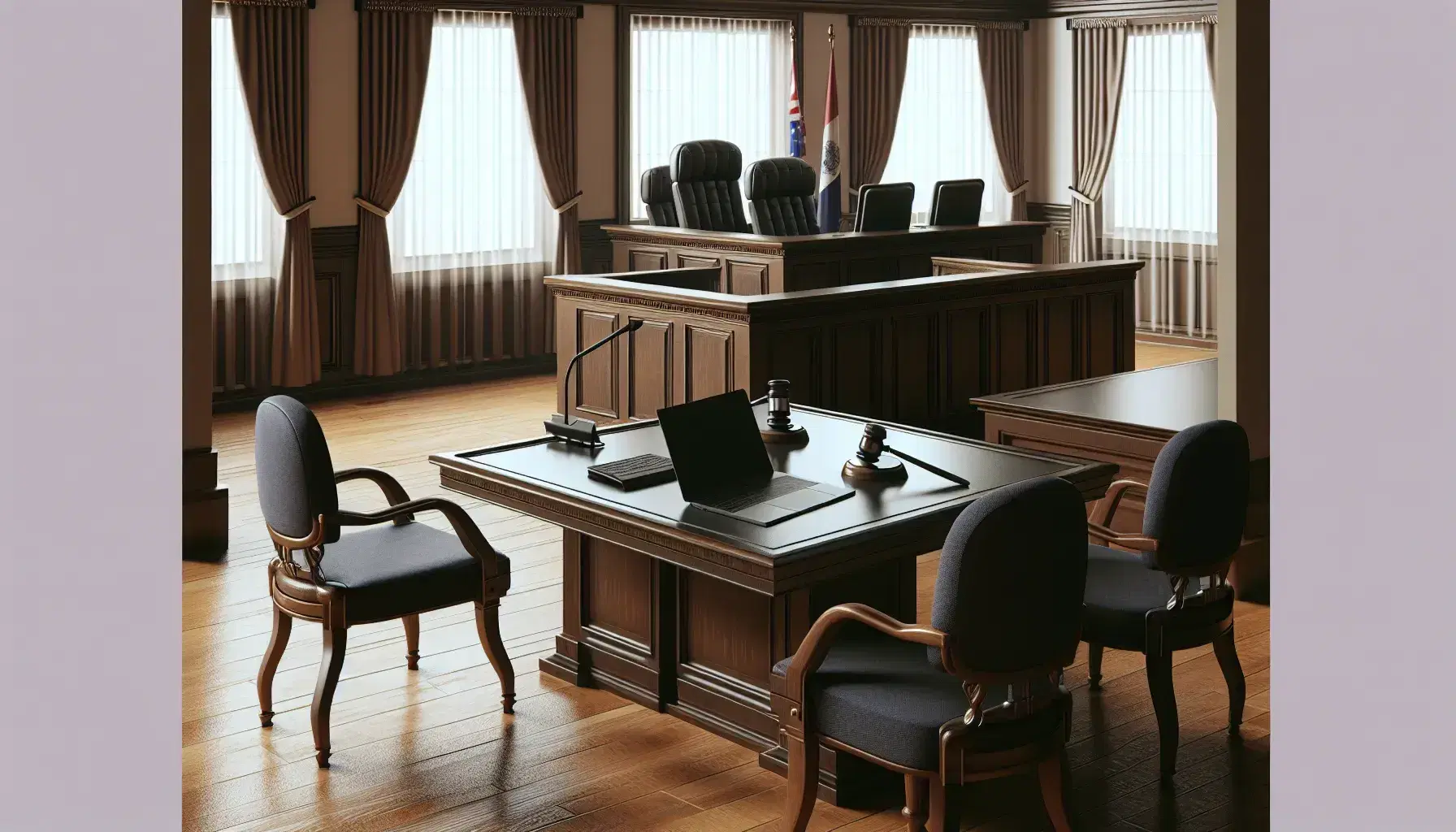 Sala de tribunal vacía con mesa central de madera oscura, sillas con cojines azules, estrado del juez con portátil y mazo, bandera nacional y ventanas con cortinas crema.