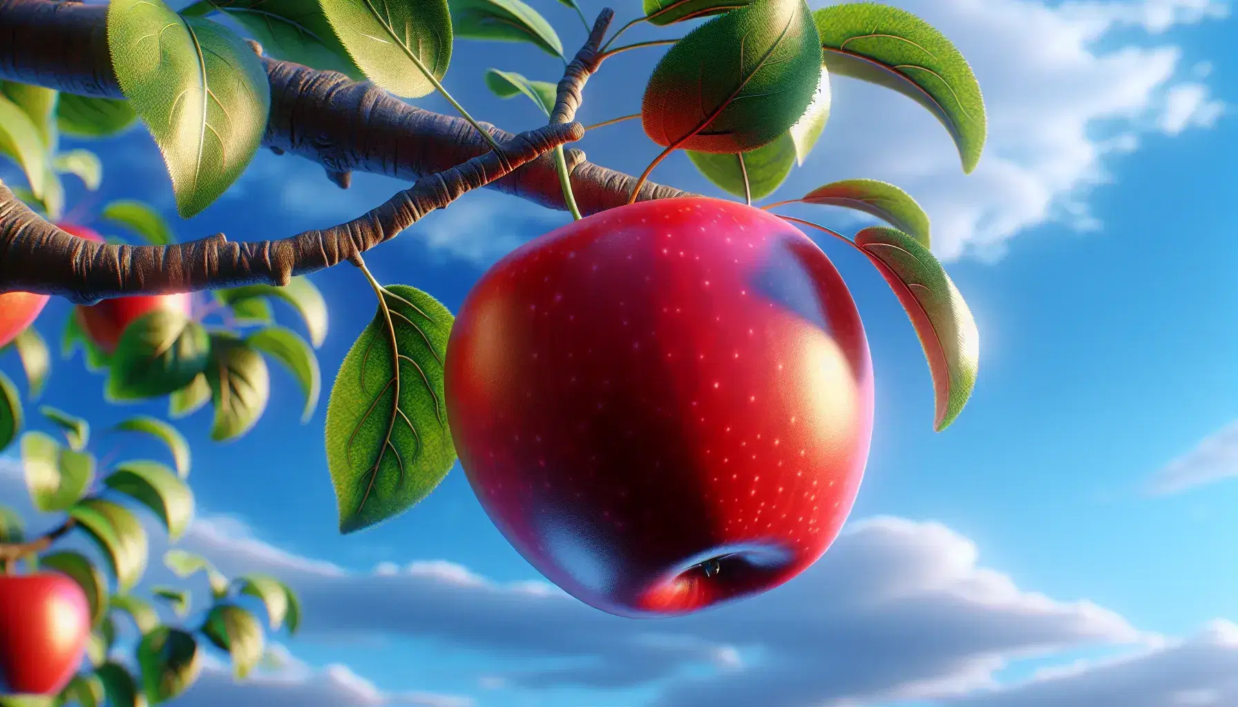 Manzana roja vibrante a punto de caer de una rama con hojas verdes, bajo un cielo azul claro con nubes dispersas, reflejando la luz del sol.