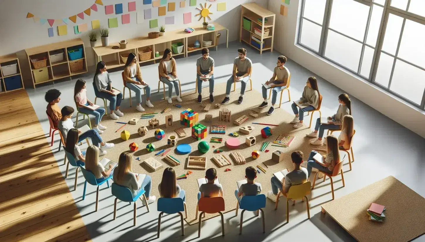 Studenti seduti in cerchio su sedie colorate in aula luminosa, interagiscono con blocchi di legno e puzzle su tappeto, in ambiente collaborativo.