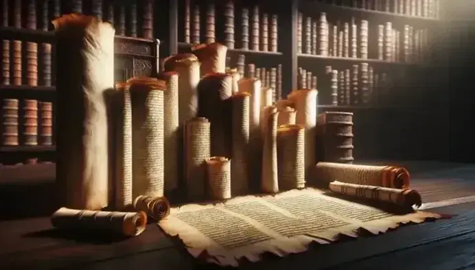 Rotoli di pergamena antica su tavolo in legno scuro con sfondo sfocato di libreria e libri rilegati in pelle.
