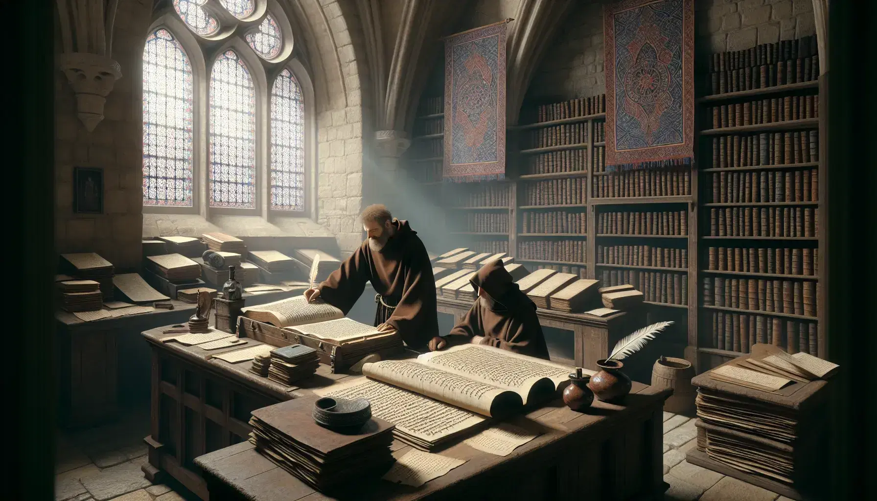 Monjes copistas trabajando en un scriptorium medieval con pergaminos, pluma de ave y tintero sobre un escritorio de madera, junto a estantes llenos de libros y un tapiz colgante.