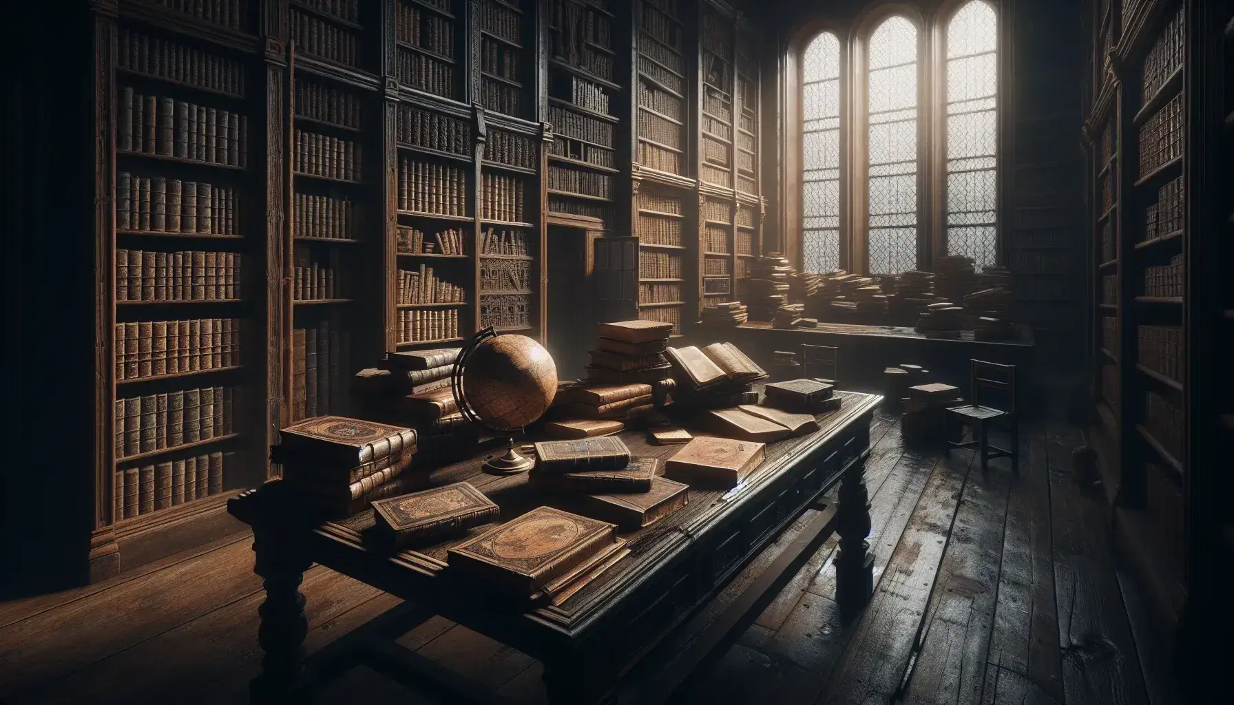 Biblioteca antigua con mesa de madera oscura, libros de cuero apilados, globo terráqueo desgastado y estantes llenos de libros bajo luz natural.