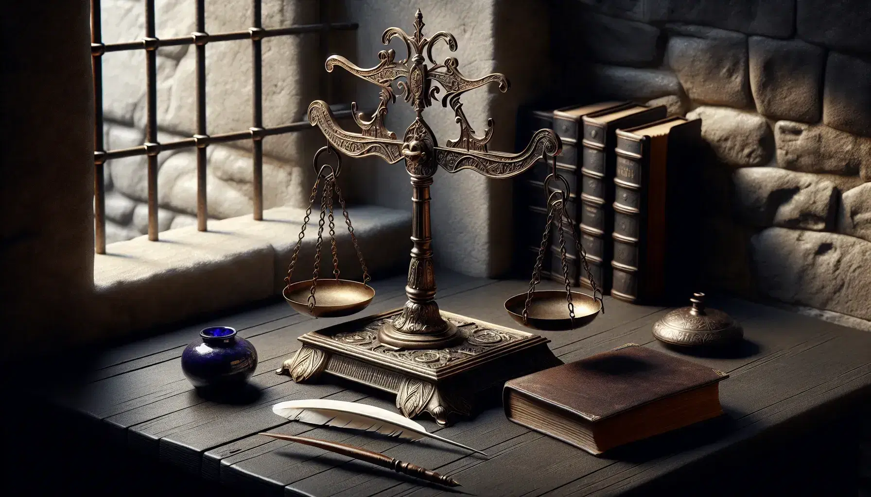 Bilancia antica in bronzo bilanciata su tavolo scuro con penna d'oca, calamaio blu e libro in pelle marrone, sfondo di muro in pietra.