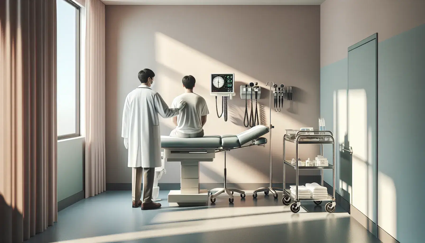 Consultorio médico con luz natural, mesa de exploración y doctor examinando paciente sentado, estetoscopio y esfigmomanómetro en la pared, carrito con instrumentos.