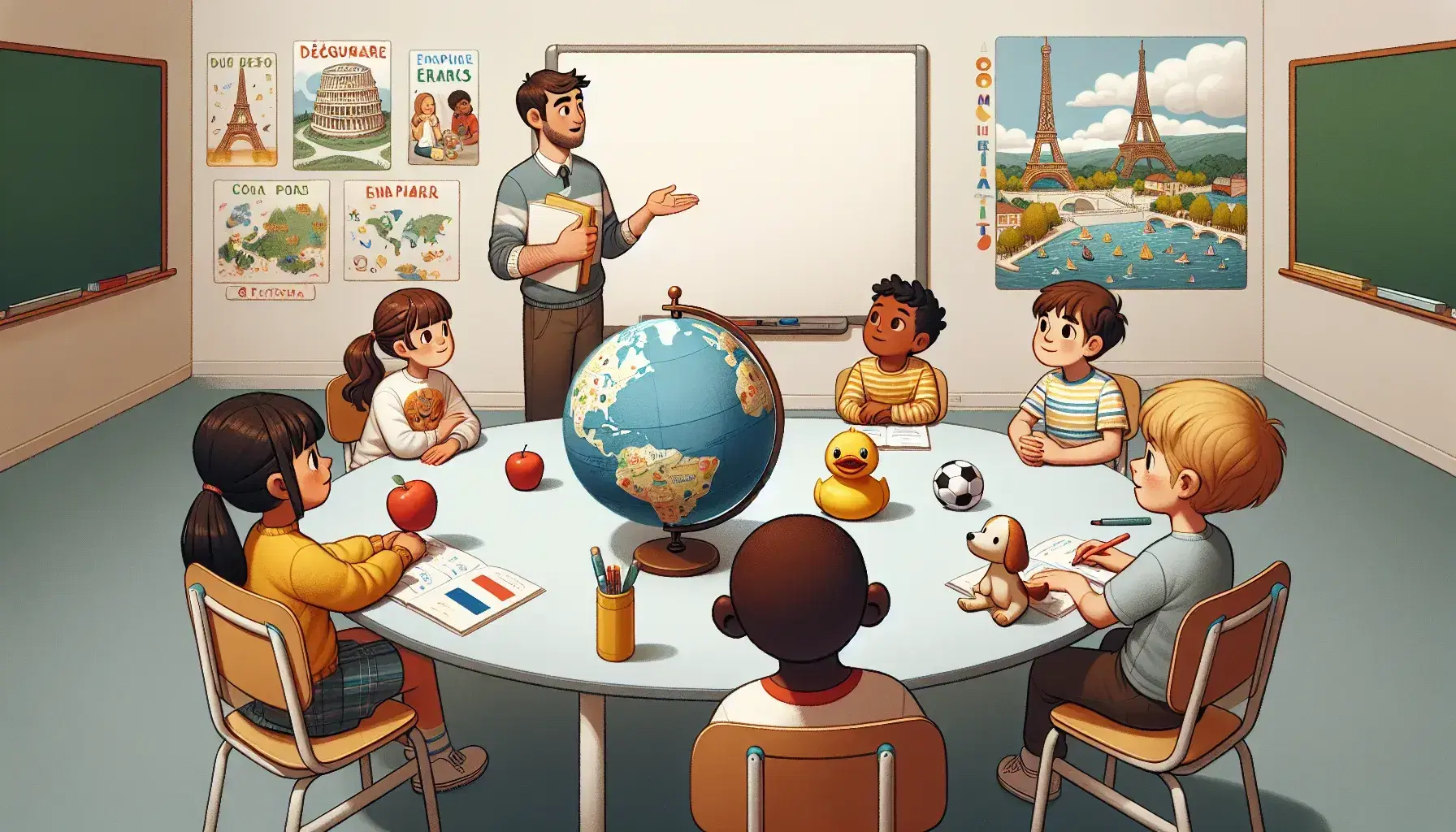Diverse students engage in French class, holding objects like an apple and soccer ball, with a teacher gesturing near a whiteboard, and cultural posters in the background.