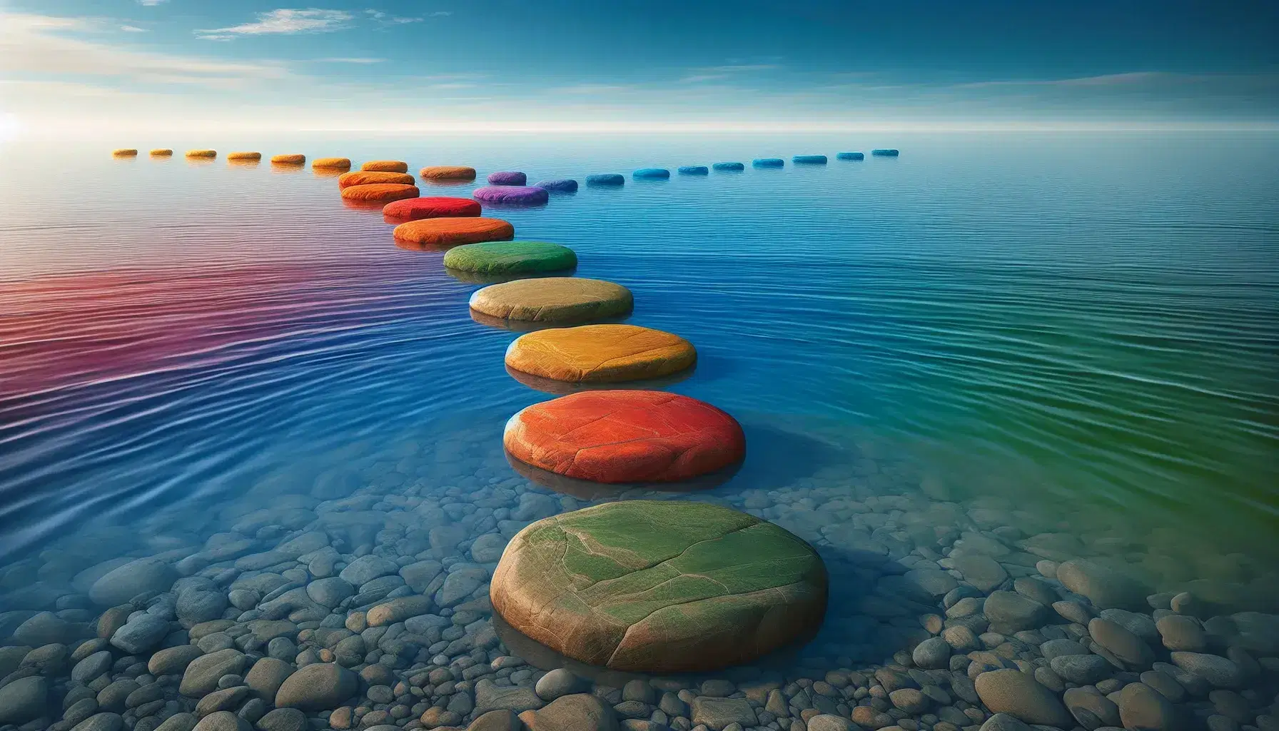 Path of rainbow colored stones crossing calm water with clear sky and vegetation on the sides, peaceful atmosphere.