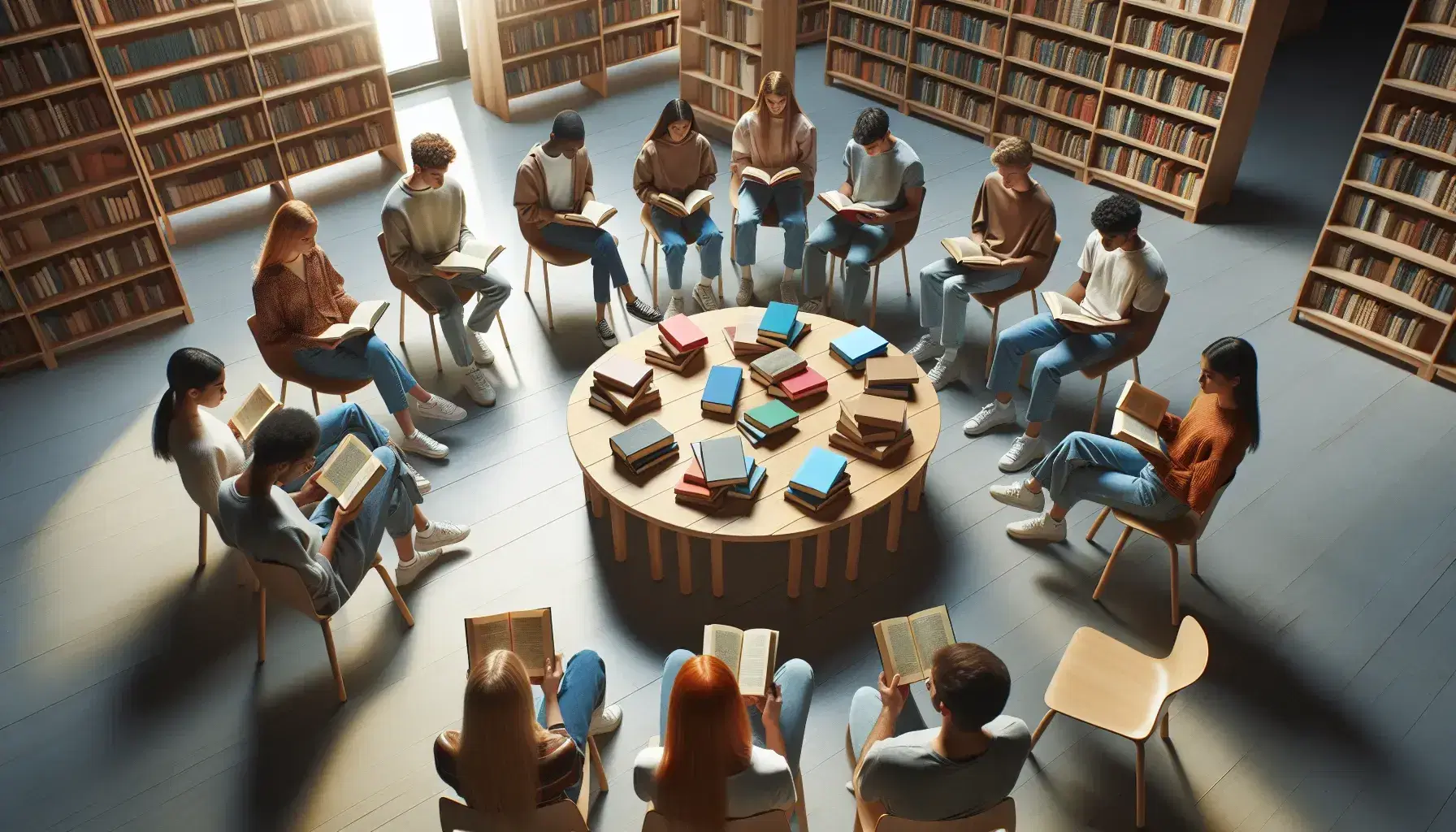 Grupo de estudiantes diversos leyendo libros en biblioteca iluminada por luz natural, con estantes de libros al fondo y sillas ergonómicas.