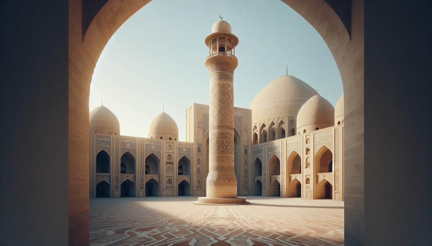 Mezquita antigua con arquitectura islámica, minarete cilíndrico beige con patrones geométricos y cúpula con creciente, rodeada de edificios con cúpulas y arcos de herradura bajo un cielo azul claro.