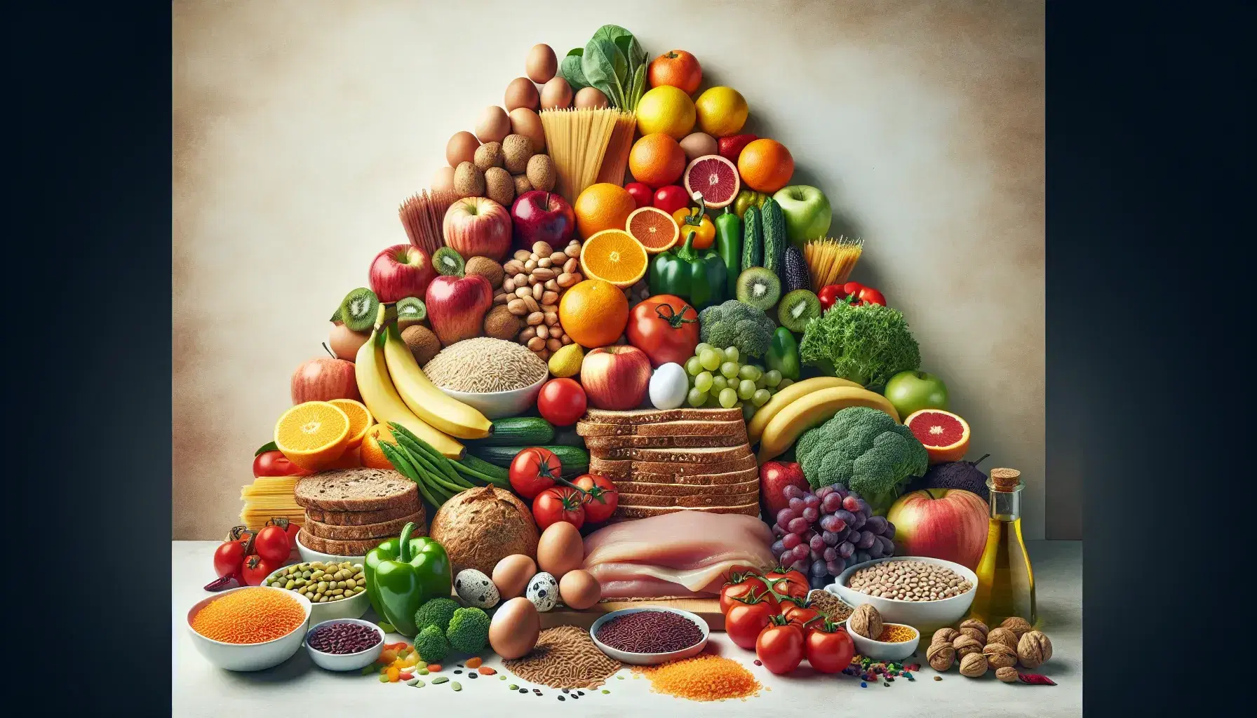 Piramide alimentare con base di cereali integrali, frutta e verdura colorate al centro, carni magre e legumi sopra, e grassi sani in cima su sfondo neutro.