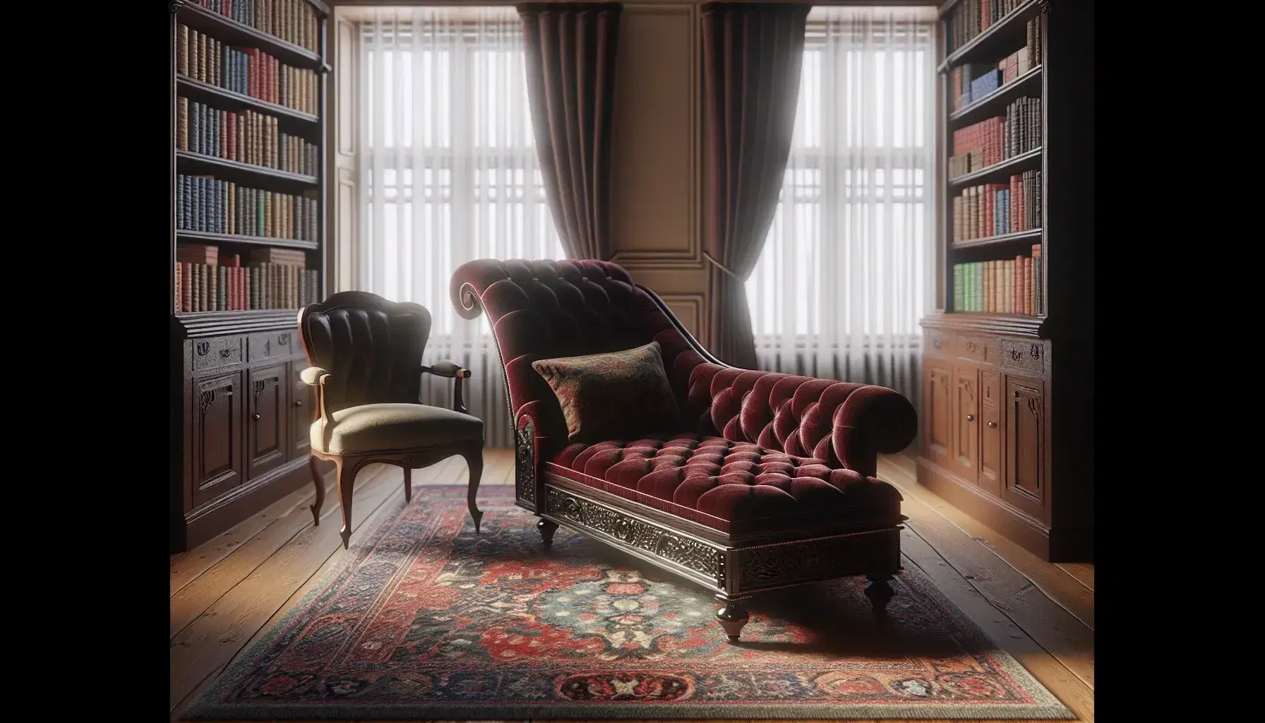 Diván terapéutico estilo victoriano en terciopelo rojo oscuro con patas de madera tallada, junto a silla clásica y alfombra persa en habitación iluminada con estantería de libros.