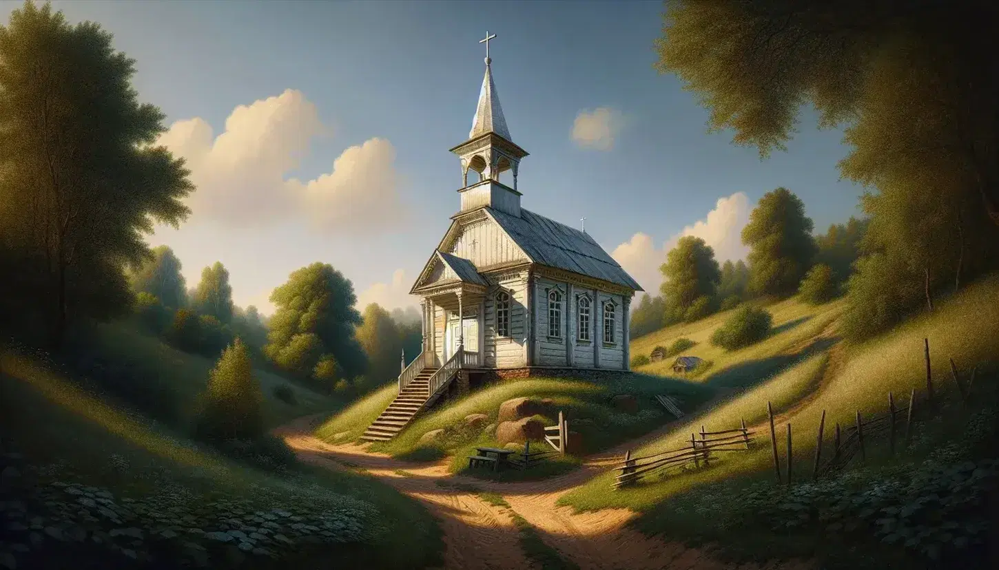 Small white wooden church with a steeple and cross, nestled on a hill surrounded by lush greenery under a clear blue sky, with a dirt path leading up.