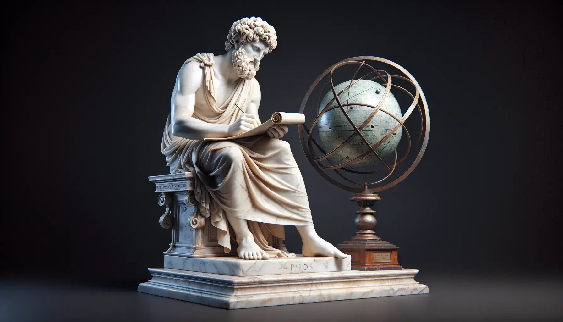 Statua marmorea di filosofo antico seduto che scrive su un rotolo con sfera armillare a destra, dettagli di pieghe e struttura celeste.