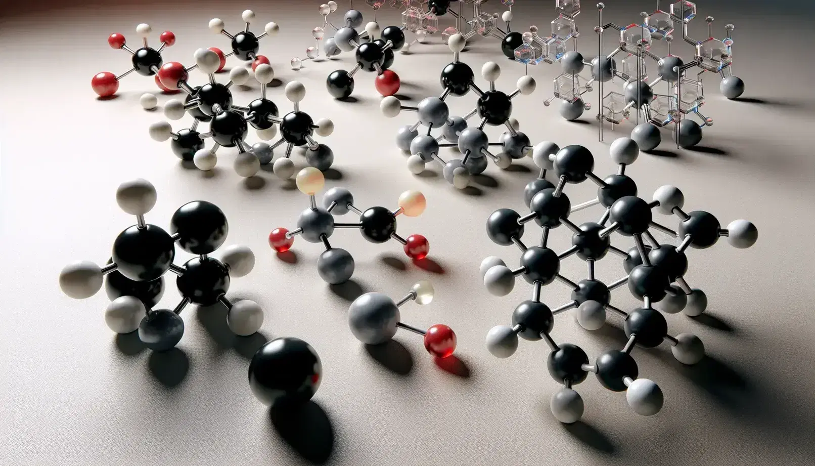 Modelli molecolari 3D con atomi colorati e legami, rappresentanti strutture di carbonio sp3, sp2 e sp su superficie liscia.