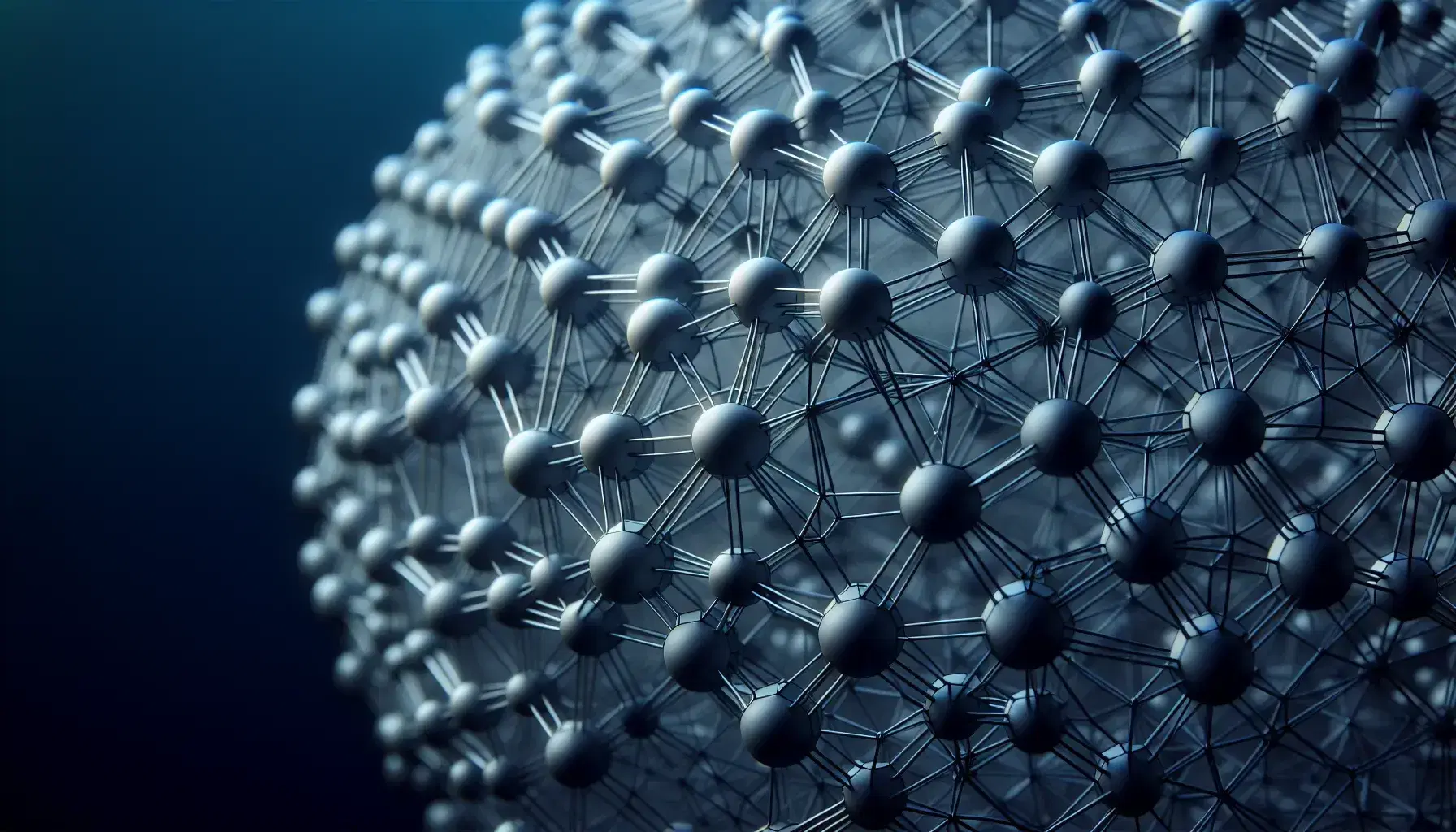 Three-dimensional metal lattice structure with spherical nodes and cylindrical rods, formed by hexagons and pentagons on a gradient blue background.