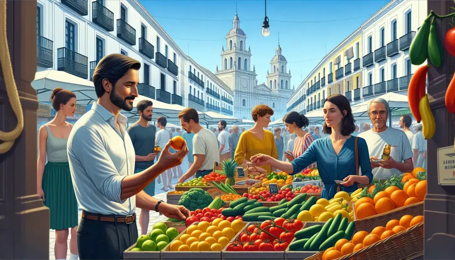 Bustling Spanish market scene with a vendor handing fruit to a customer, surrounded by colorful produce and diverse shoppers, under a clear blue sky.