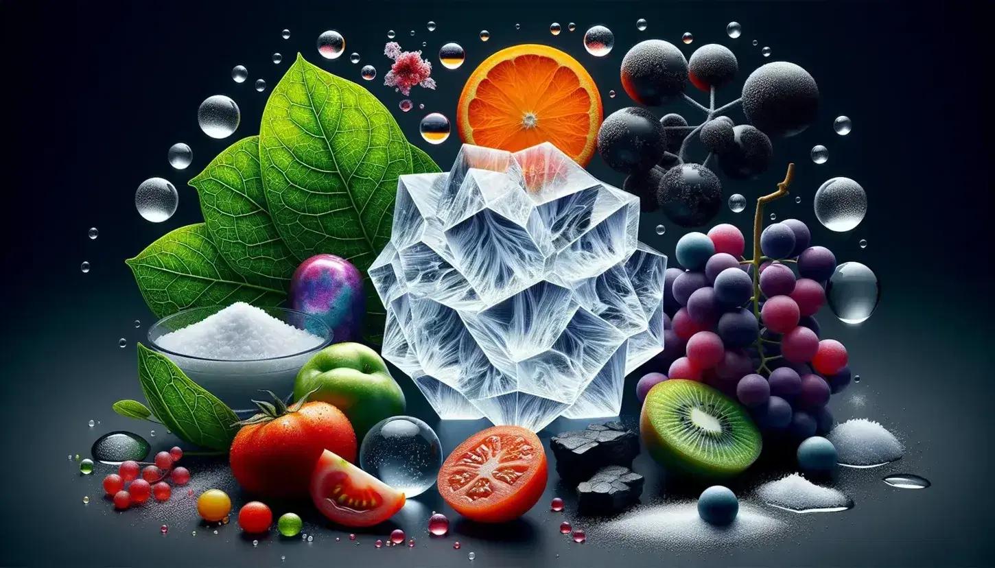 Composición equilibrada con cristal de sal blanco, gotas de agua, hoja verde, tomate rojo, naranja, uvas moradas y carbón negro sobre fondo neutro.
