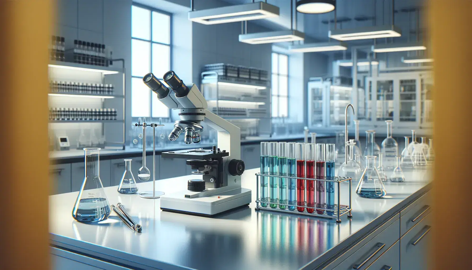 Laboratorio científico moderno con tubos de ensayo de colores en soporte metálico y microscopio plateado, estantes con material de laboratorio y ventana grande.