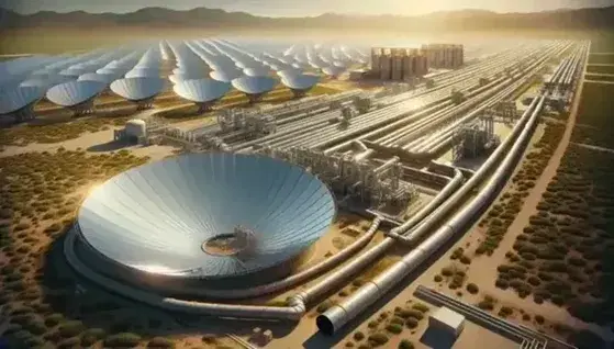 Solar thermal power plant with reflective parabolic mirrors, dark central tubes and processing facilities in an arid landscape under a blue sky.