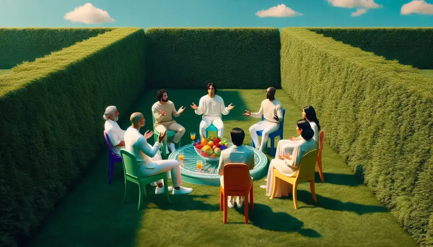 Diverse group of six people in casual attire seated on colorful chairs in a park, conversing around a table with a fruit bowl, under a clear sky.