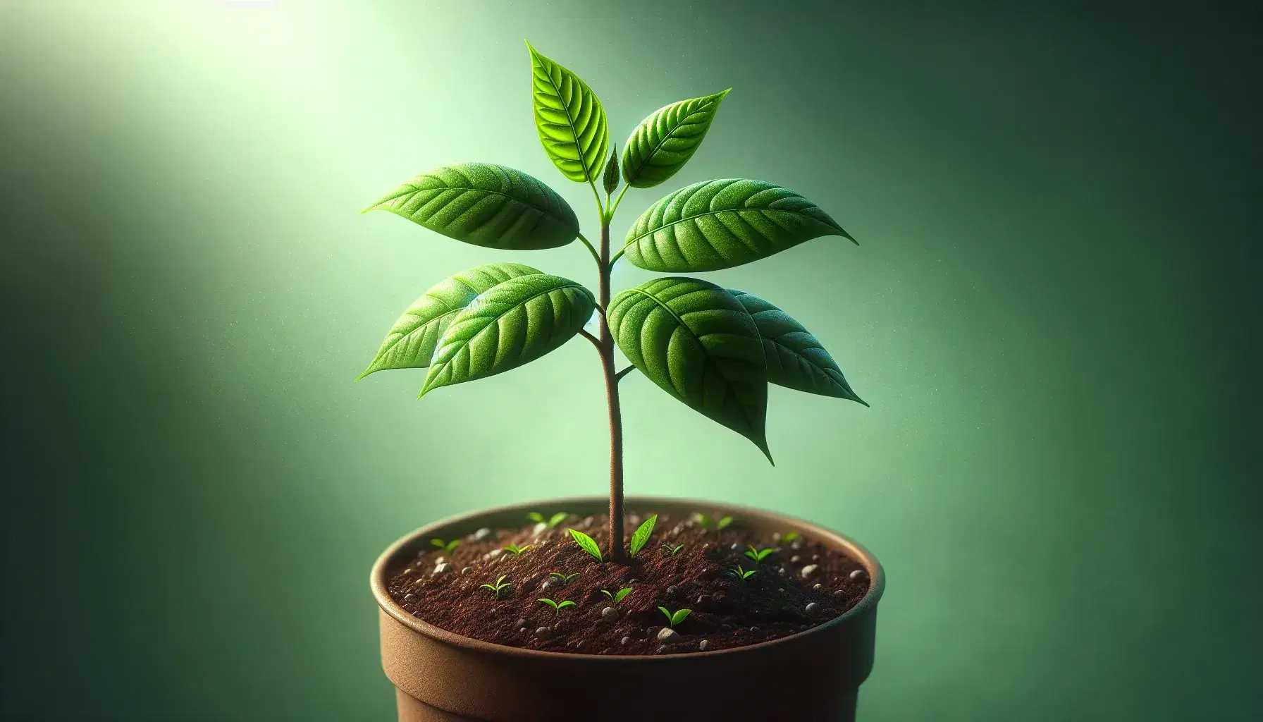 Vibrant green sapling with unfurling leaves in a pot of rich soil, symbolizing growth, against a soft-focus green gradient background.