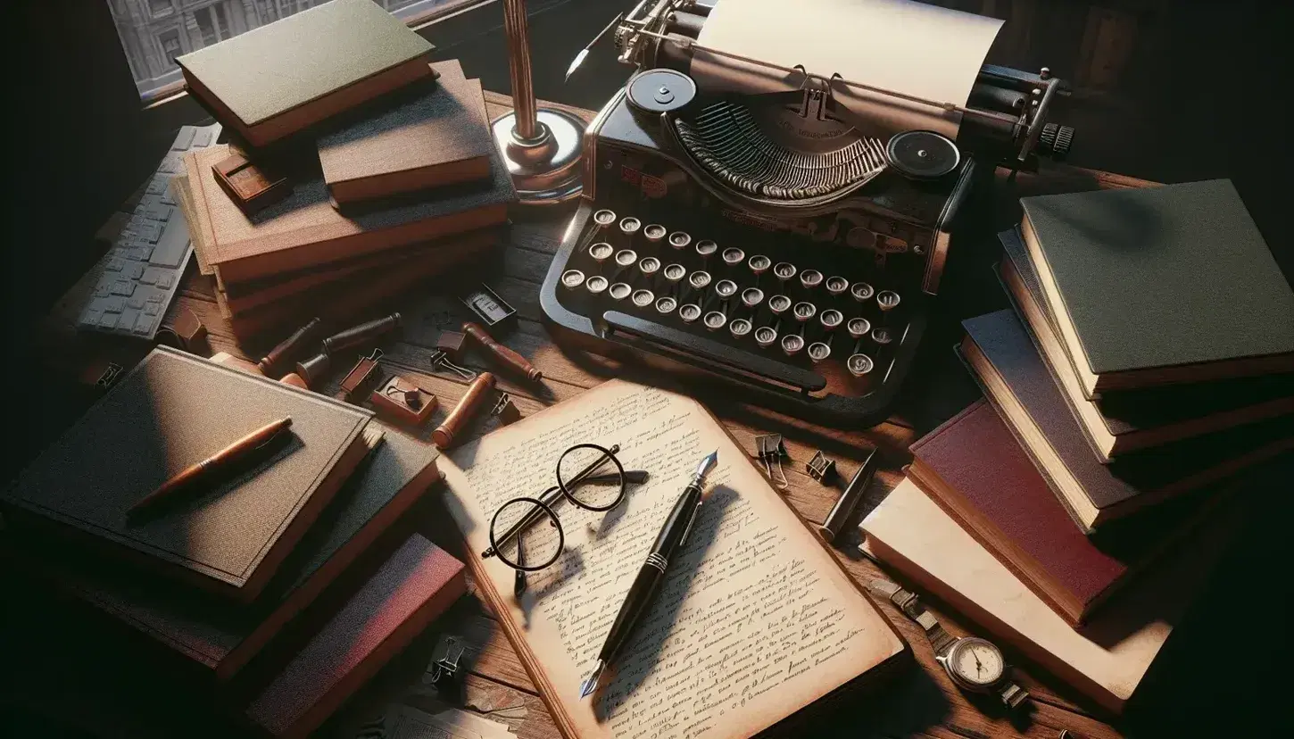 Vintage typewriter with blank paper, round glasses on open notebook, fountain pen, crumpled drafts, and old books on a worn wooden desk.