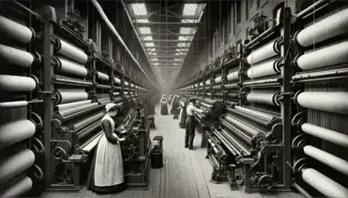 Telares metálicos en hilera con hilos en una fábrica textil de la Revolución Industrial, operados por trabajadores enfocados en sus tareas.