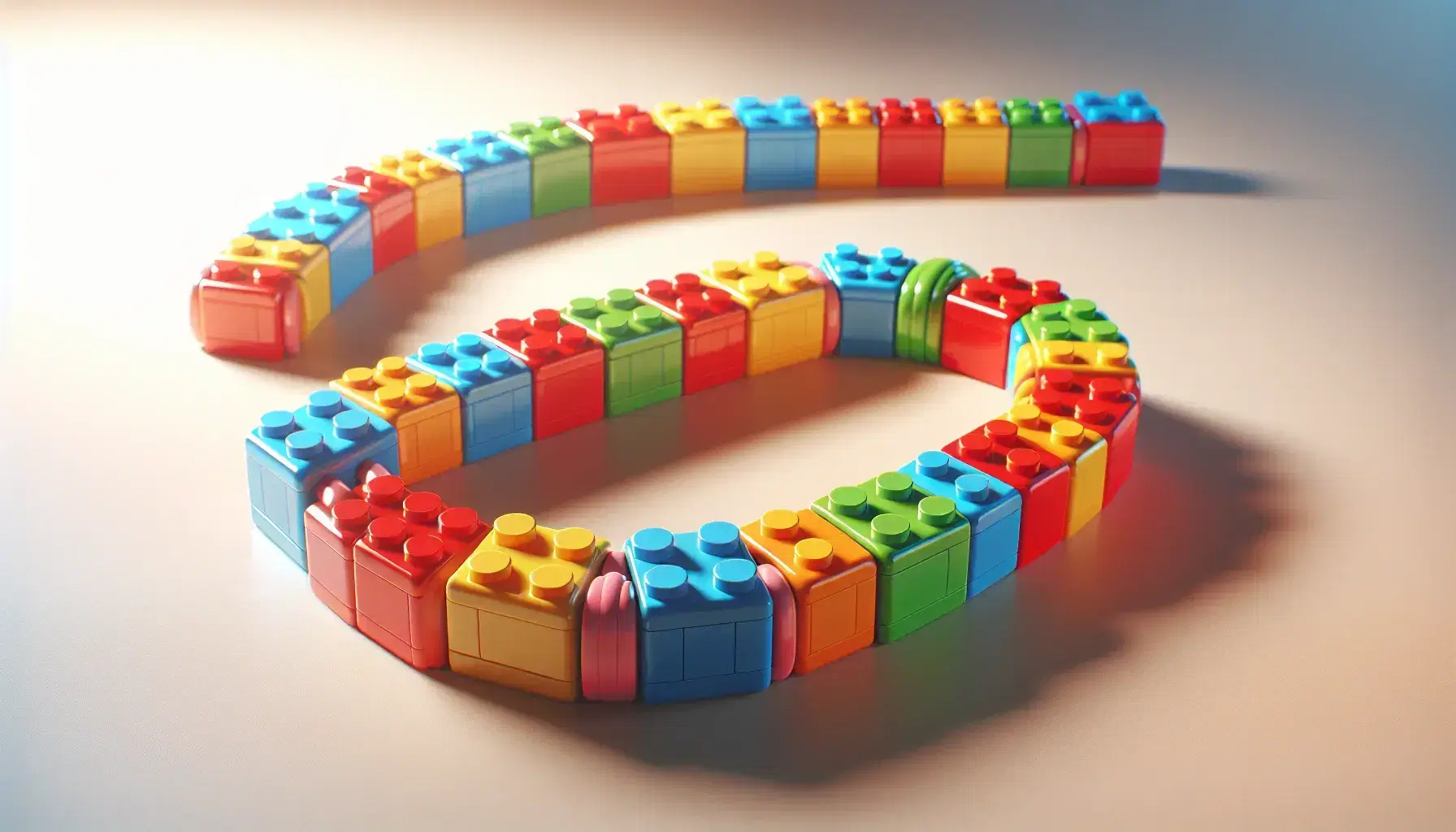 Bloques de construcción de plástico coloridos en fila sobre superficie lisa, reflejando luz y sombras suaves, sin presencia de personas o textos.