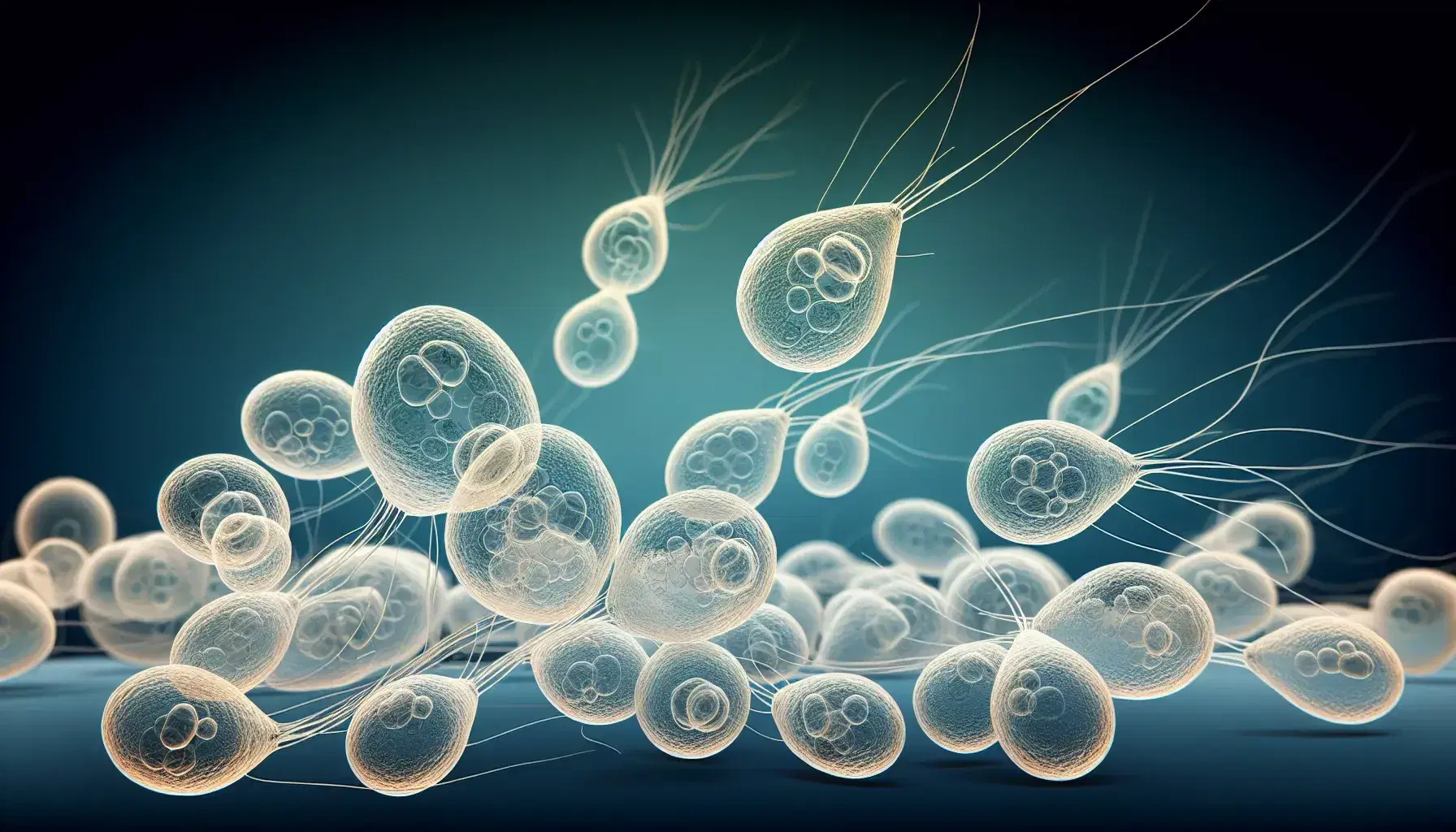 Close-up view of choanoflagellates under a microscope, showcasing single-celled organisms with flagella and early colony formation stages.